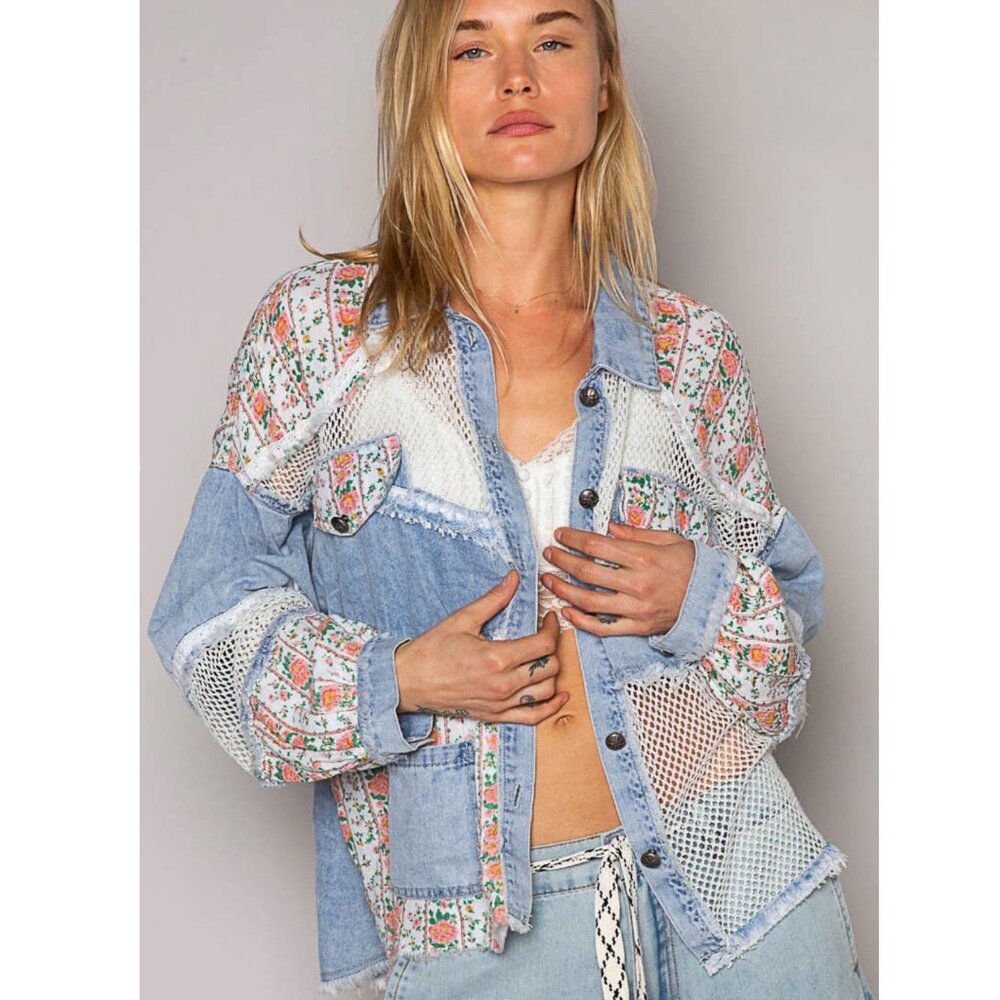 POL Patchwork Denim Jacket Shacket SZ L Blue Flor… - image 1